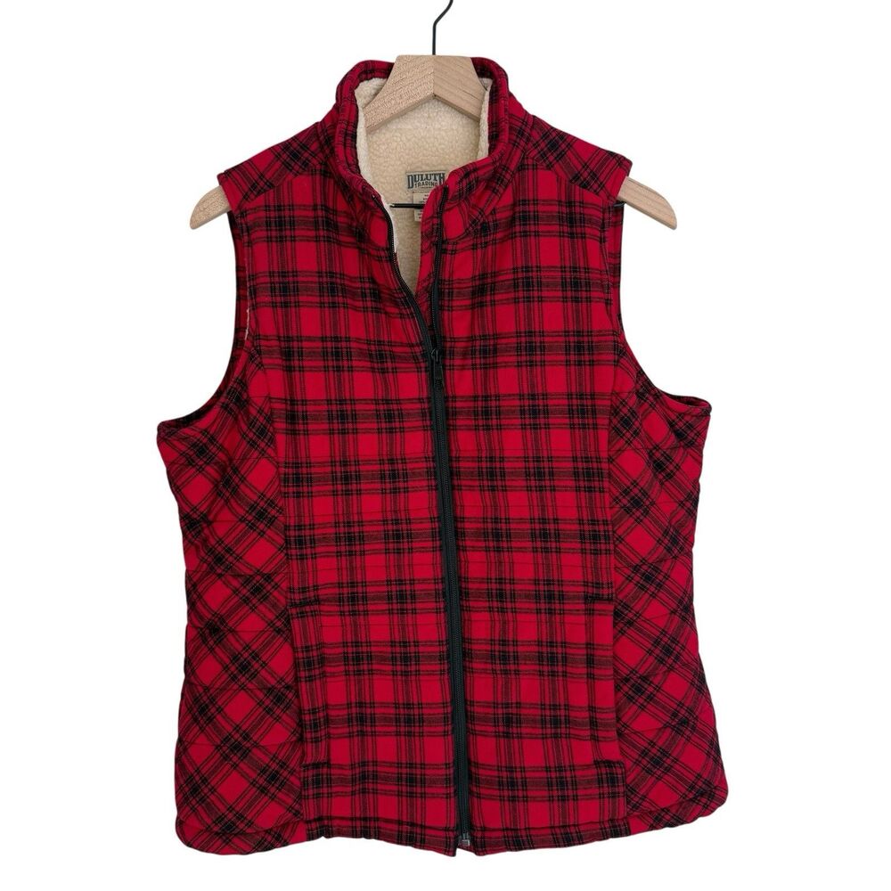 Duluth Trading Women's Red Plaid Sherpa Lined Quilted Flannel Vest Jacket Sz M